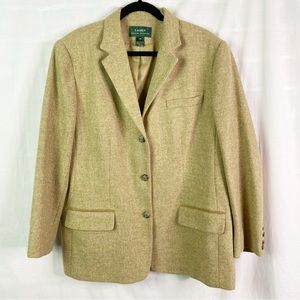 Vintage Ralph Lauren Tan Wool Blazer with Leather Trim XL